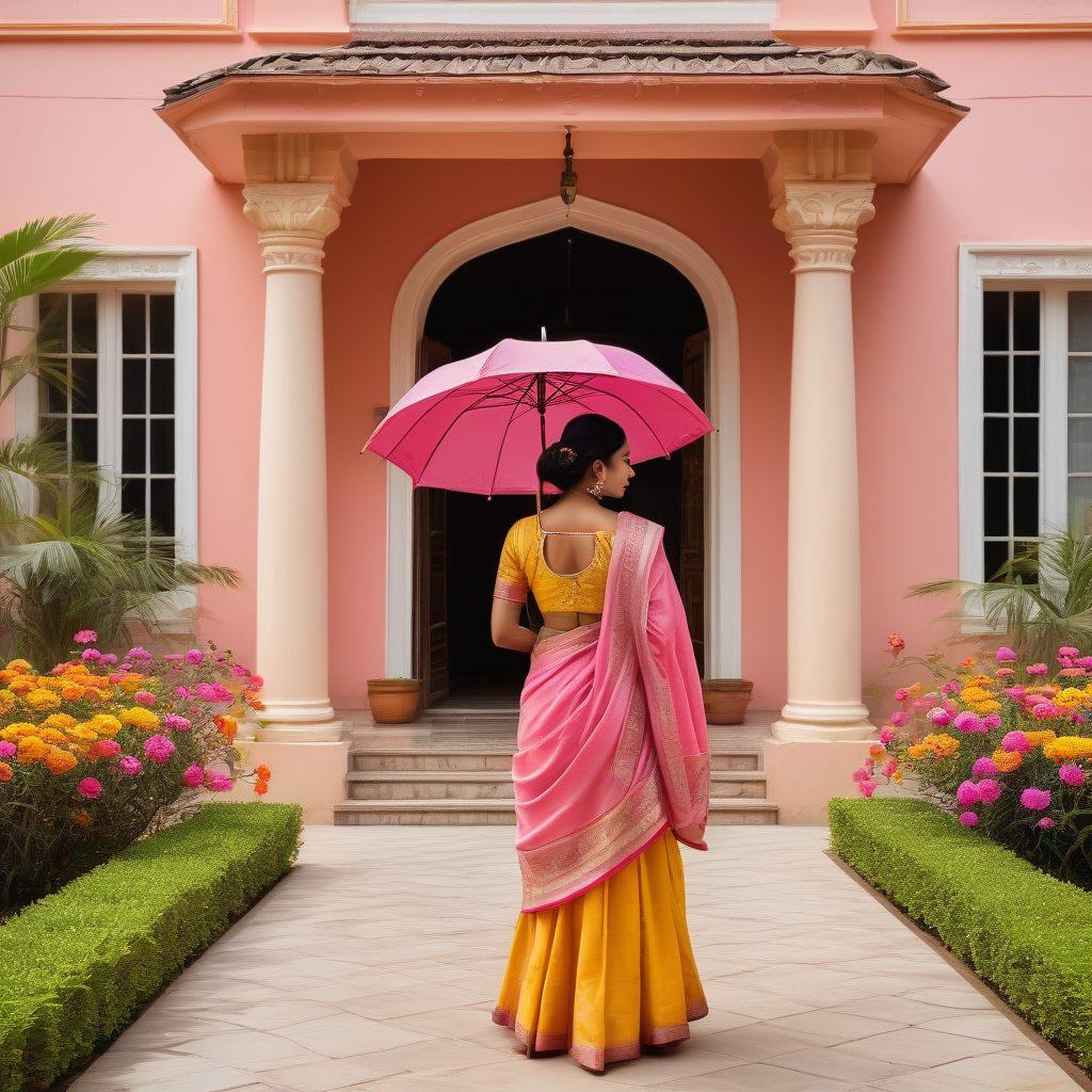 A serene Indian landscape featuring vibrant exotic flowers and traditional motifs, with a confident woman in traditional attire symbolizing financial security, standing beside a luxury villa. Overlay images of diverse insurance policy documents and symbols of safety like umbrellas and shields in the background to represent coverage. The scene conveys elegance and protection, capturing the essence of financial security. vibrant colors. super-realistic. white background.