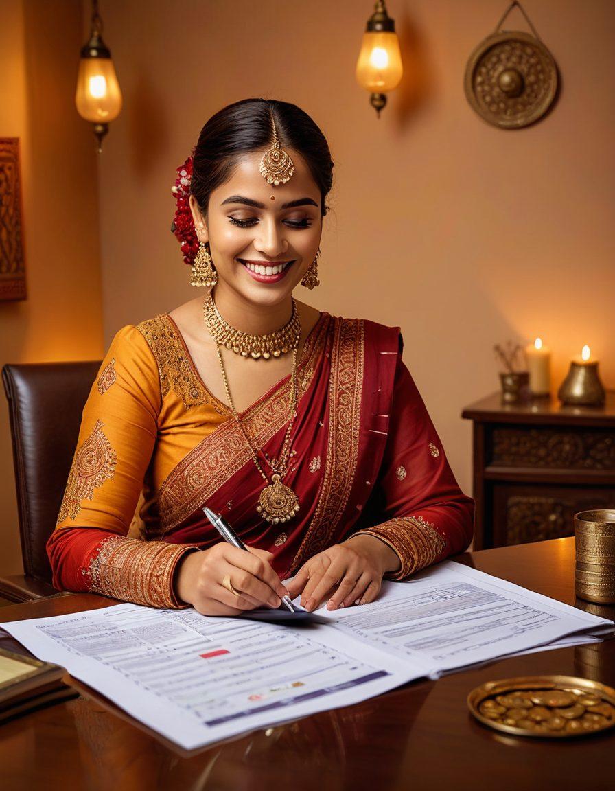 A confident Desi woman with elegant traditional attire, smiling as she reviews insurance documents, surrounded by financial symbols like coins, calculators, and growth charts. Soft, warm lighting casts a welcoming glow, with a hint of cultural elements like henna designs in the background. The scene captures a blend of modern professionalism and traditional grace. super-realistic. vibrant colors. soft background.