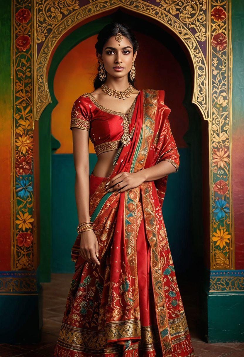 A captivating image of an exotic Indian model posing gracefully on a vibrant, colorful backdrop, surrounded by elements representing risk and protection, such as insurance symbols creatively integrated into traditional Indian motifs. The model should wear a blend of modern and traditional fashion, embodying allure and confidence. Emphasize a rich palette of reds, golds, and greens to enhance the exotic feel. super-realistic. vibrant colors.